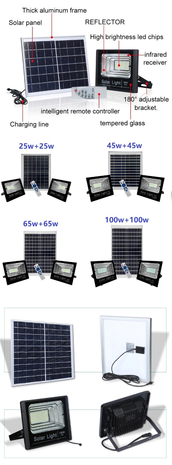 IP67 100lm/w Aluminum Alloy Remote-controlled timer switch 1 driving 2 solar flood light-4