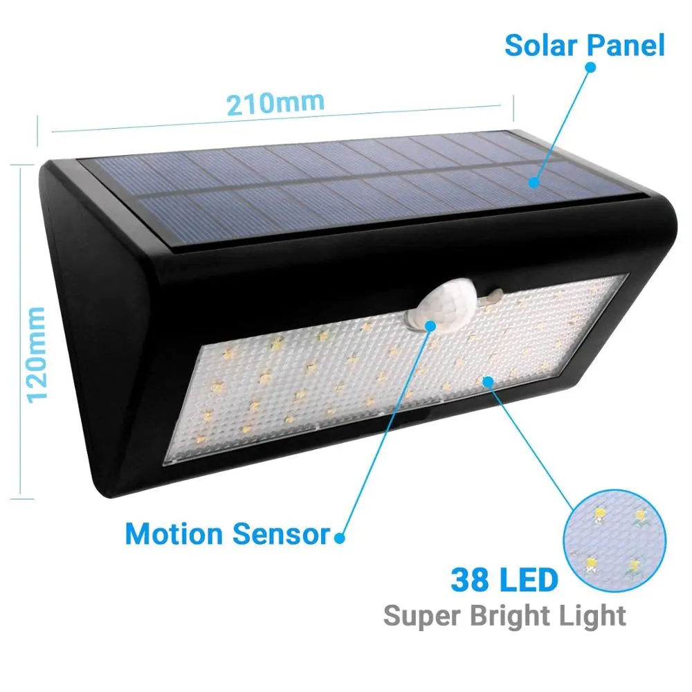 High Bright Solar Lights Motion Sensor Outdoor Light 38 LED Wall Bright Lamp