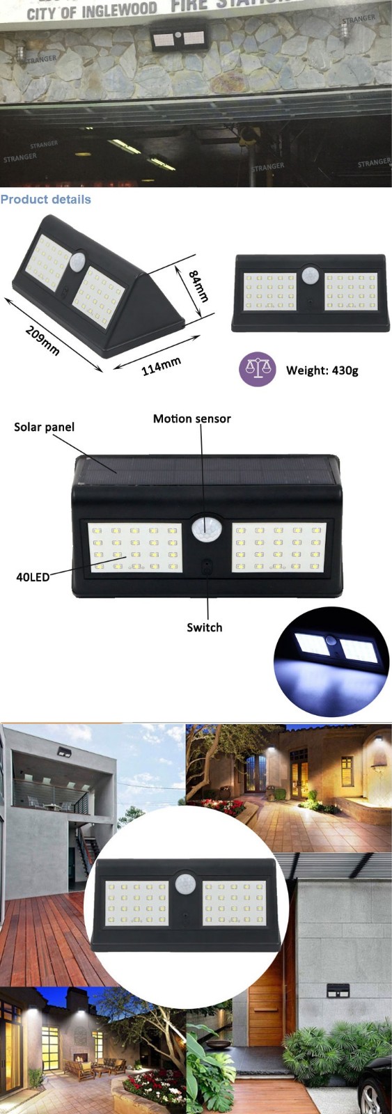 40 LED Yüksek Güçlü LED Güneş Parlak Sensör Hareket Duvar Işık Bahçe için